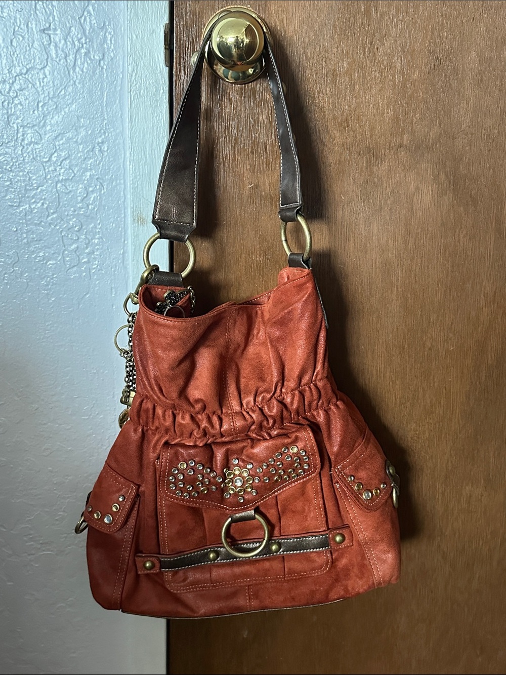 Studded Russet Shoulder Bag with Ring Accent